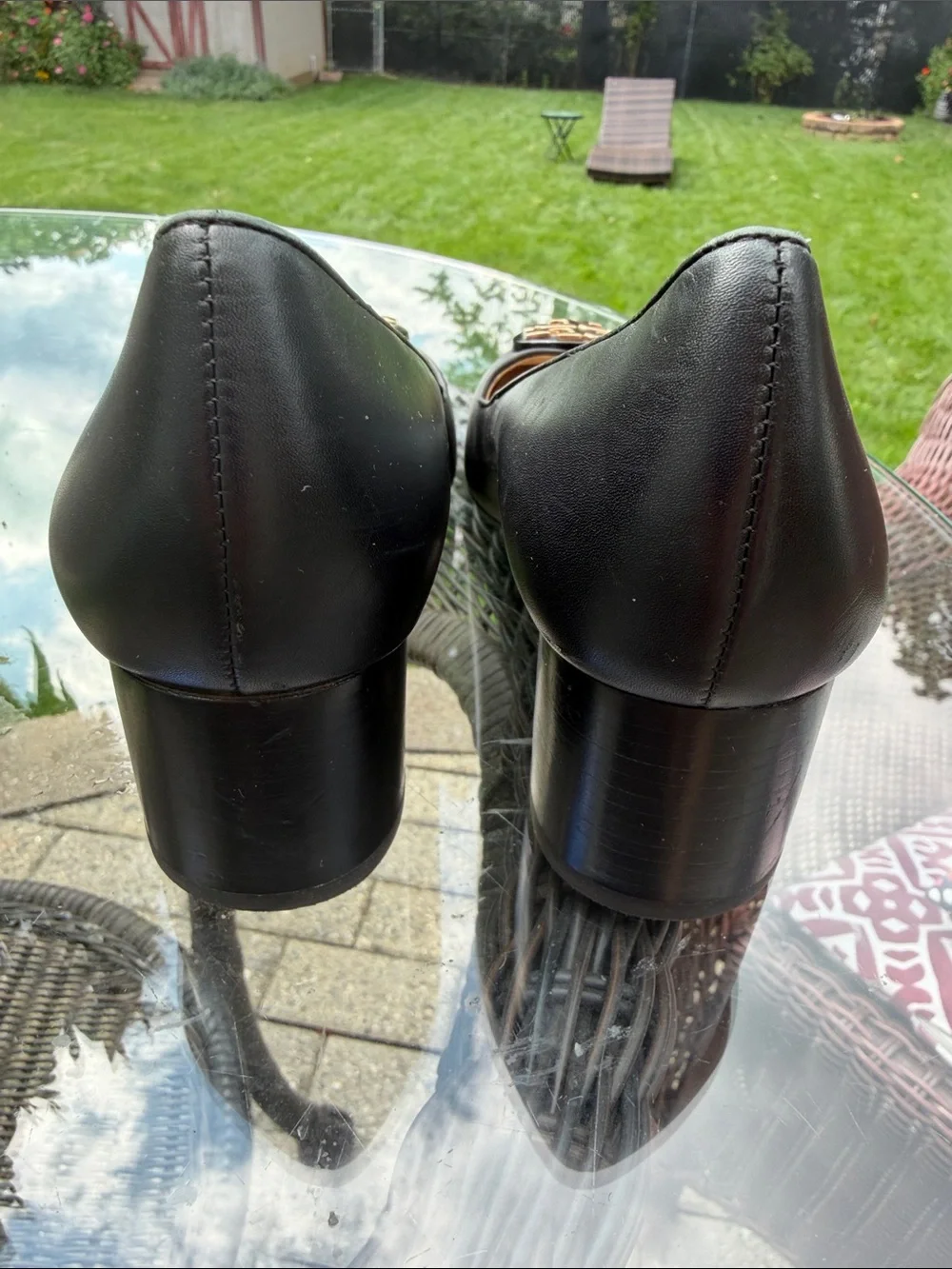 Tory Burch Black Leather Block Heel Pumps with Gold Logo Medallion